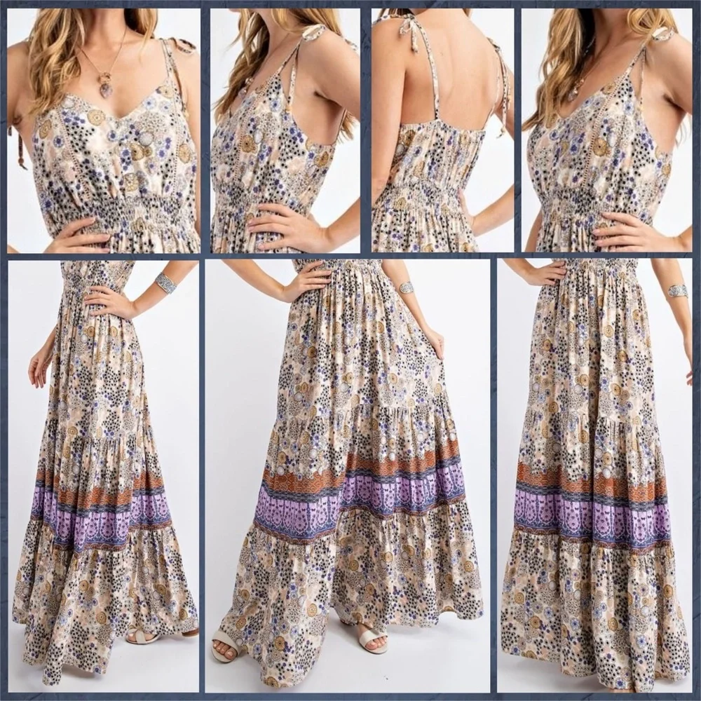 EASEL "Summer Dreams" Sexy Tiered Flowy Maxi Dress Smocked Waist Self-Tie Straps - Picture 13 of 15